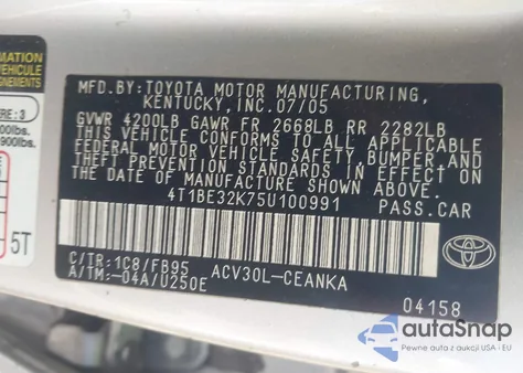 2005 Toyota Camry Std from USA, damaged, VIN 4T1BE32K75U100991